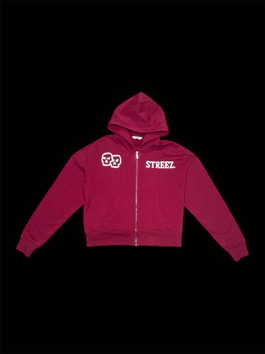 RED SKULL ZIP CROP HOODIE