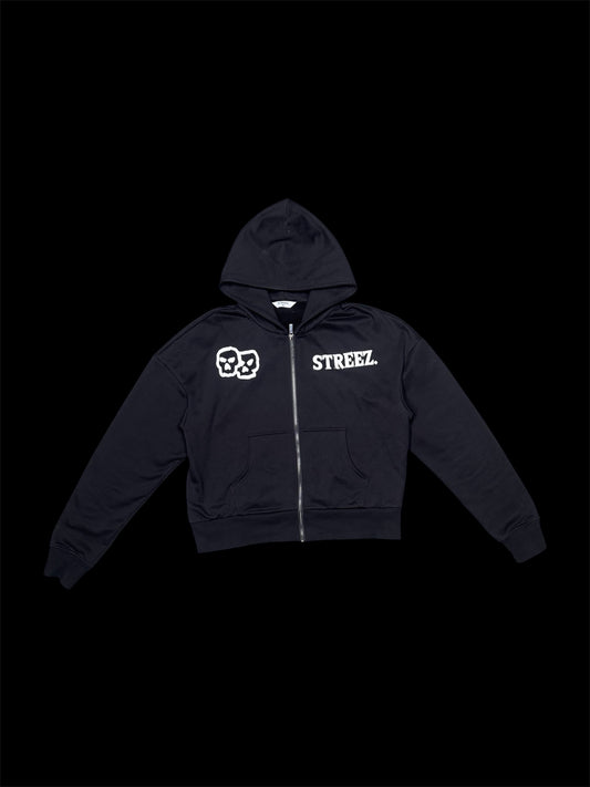 BLACK SKULL ZIP CROP HOODIE