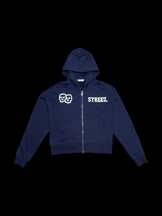 BLUE SKULL ZIP CROP HOODIE